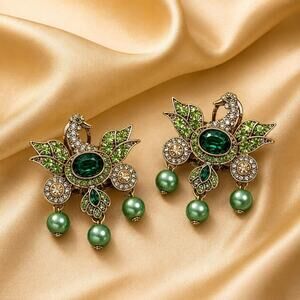 Bird Earrings Museum Pearl Antique Crystal Court VTG Art Nouveau Peacock Revival